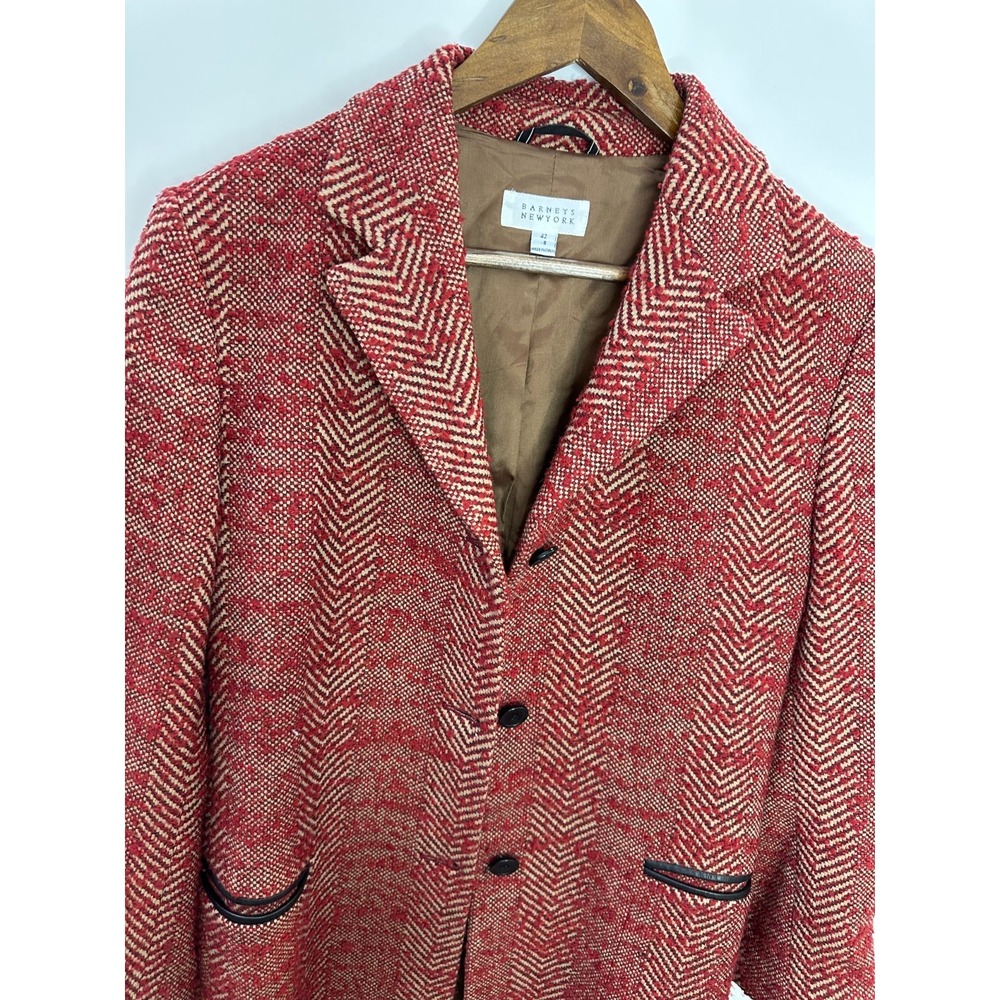 Barneys New York Herringbone Wool Tweed Overcoat Red Tan Italy Size 8 Long Coat - Picture 4 of 16